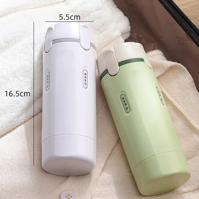 Two small bottles, one white and one green, on a textured surface with text highlighting their compact size.